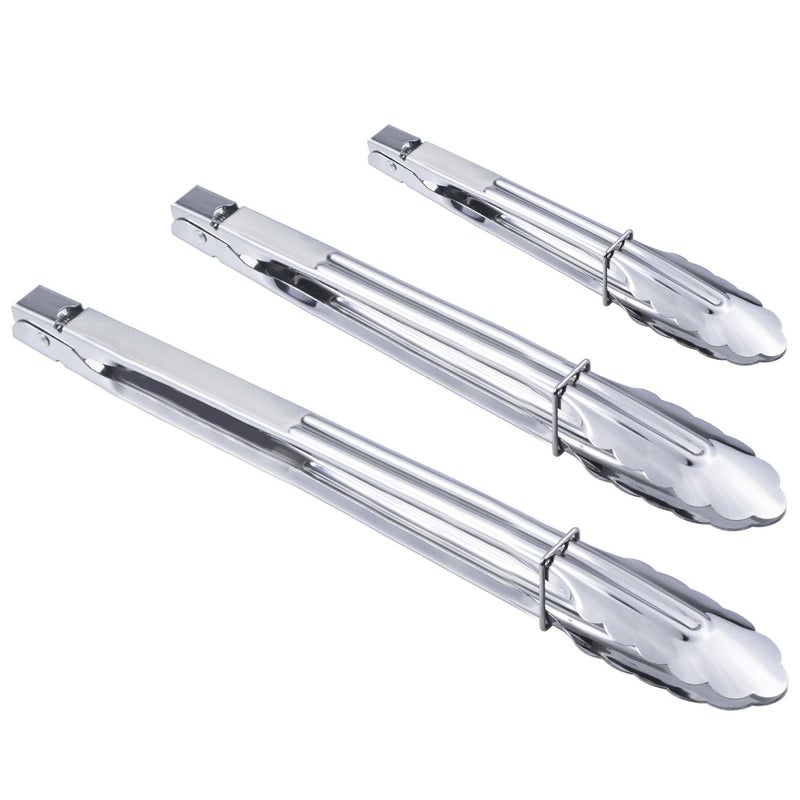 HINMAY Stainless Steel Spring Locking Food Tong Set Utility Metal Tongs for Serving Cooking Grilling and Barbeque (9 12 14 Inch 3 Pieces) - Image 1